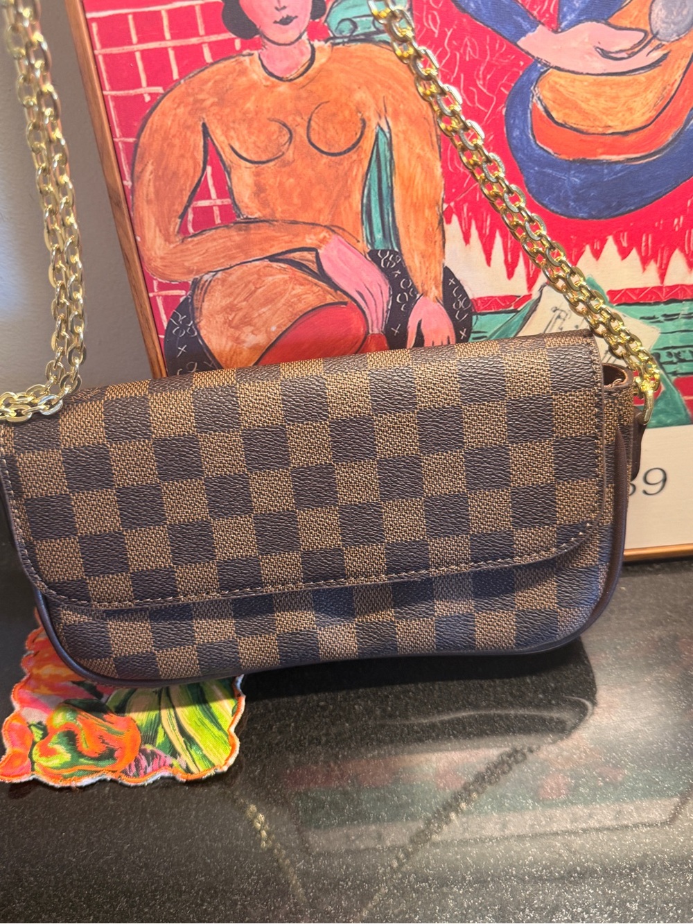 Designer-Inspired Brown Checked Crossbody Bag with Gold Chain